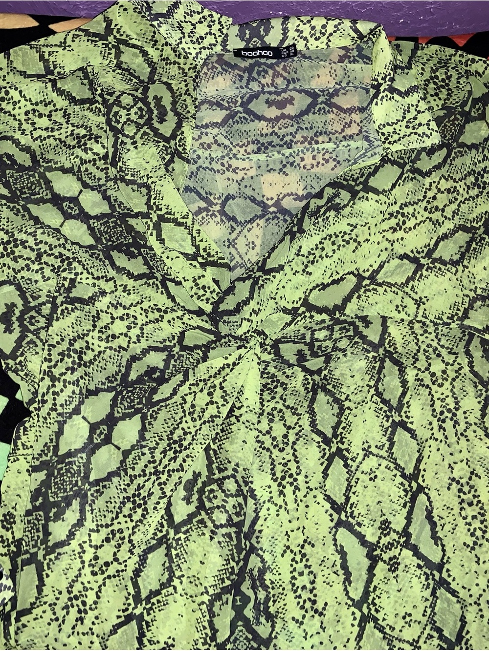 Boohoo Bright Lime Green Snake-Print Blouse-Dress